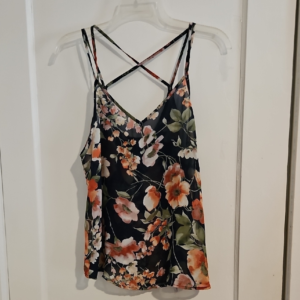 Cleo Sheer Navy and Orange Floral Spaghetti Strap Blouse Size Medium